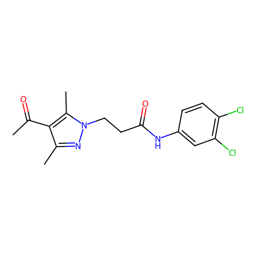 3-(4-acetyl-3,5-dimethylpyrazolyl)-N-(3,4-dichlorophenyl)propanamide structure