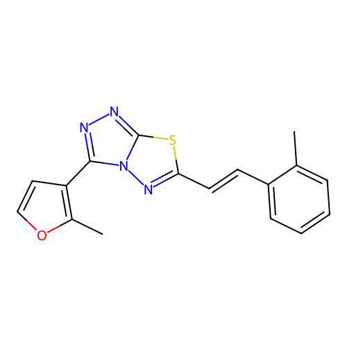 3-(2-methylfuran-3-yl)-6-[(E)-2-(2-methylphenyl)ethenyl]-[1,2,4]triazolo[3,4-b][1,3,4]thiadiazole structure