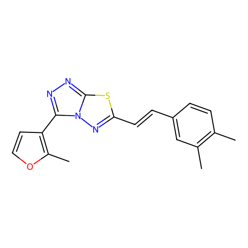 (E)-6-(3,4-dimethylstyryl)-3-(2-methylfuran-3-yl)-[1,2,4]triazolo[3,4-b][1,3,4]thiadiazole structure