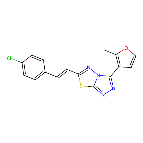 6-[(E)-2-(4-chlorophenyl)ethenyl]-3-(2-methylfuran-3-yl)-[1,2,4]triazolo[3,4-b][1,3,4]thiadiazole structure