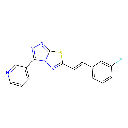 (E)-6-(3-fluorostyryl)-3-(pyridin-3-yl)-[1,2,4]triazolo[3,4-b][1,3,4]thiadiazole structure