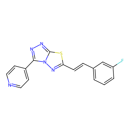 (E)-6-(3-fluorostyryl)-3-(pyridin-4-yl)-[1,2,4]triazolo[3,4-b][1,3,4]thiadiazole structure