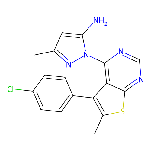 1-[5-(4-chlorophenyl)-6-methylthieno[2,3-d]pyrimidin-4-yl]-3-methyl-1H-pyrazol-5-amine structure