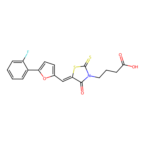 (Z)-4-(5-((5-(2-fluorophenyl)furan-2-yl)methylene)-4-oxo-2-thioxothiazolidin-3-yl)butanoic acid structure
