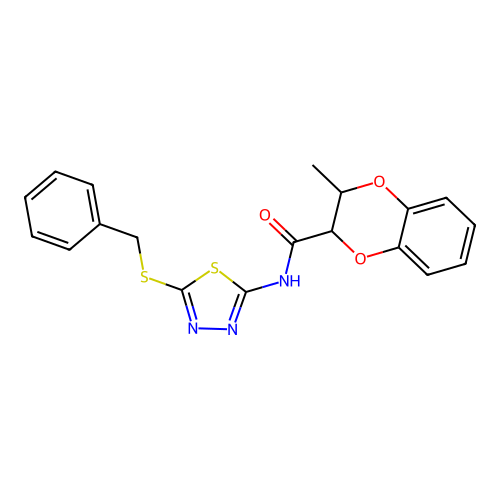 N-(5-benzylsulfanyl-1,3,4-thiadiazol-2-yl)-2-methyl-2,3-dihydro-1,4-benzodioxine-3-carboxamide structure
