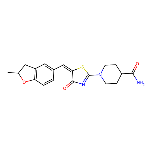 (E)-1-(5-((2-methyl-2,3-dihydrobenzofuran-5-yl)methylene)-4-oxo-4,5-dihydrothiazol-2-yl)piperidine-4-carboxamide structure