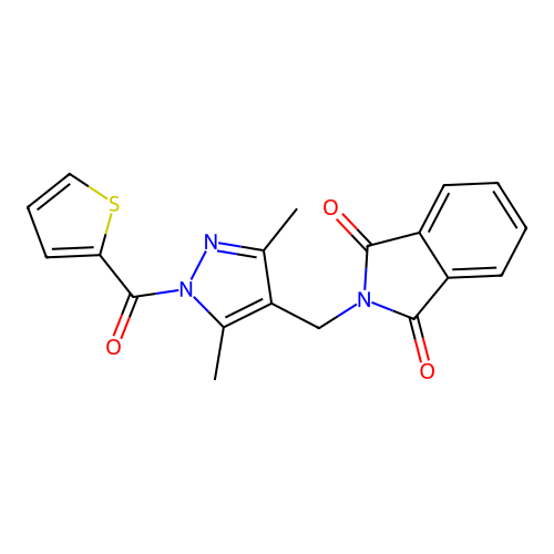 2-[[3,5-Dimethyl-1-(thiophene-2-carbonyl)pyrazol-4-yl]methyl]isoindole-1,3-dione structure