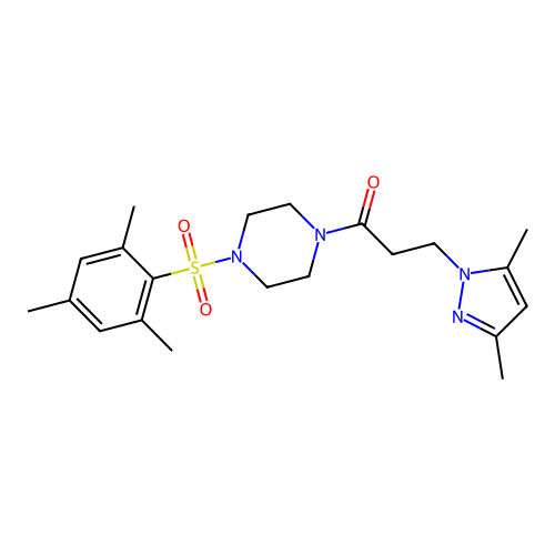 3-(3,5-dimethylpyrazol-1-yl)-1-[4-(2,4,6-trimethylphenyl)sulfonylpiperazin-1-yl]propan-1-one structure