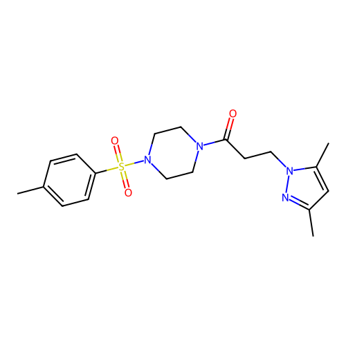 3-(3,5-dimethyl-1H-pyrazol-1-yl)-1-(4-tosylpiperazin-1-yl)propan-1-one structure