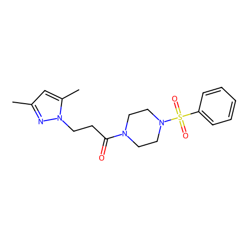 1-[3-(3,5-dimethyl-1H-pyrazol-1-yl)propanoyl]-4-(phenylsulfonyl)piperazine structure
