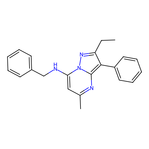 N-benzyl-2-ethyl-5-methyl-3-phenylpyrazolo[1,5-a]pyrimidin-7-amine structure