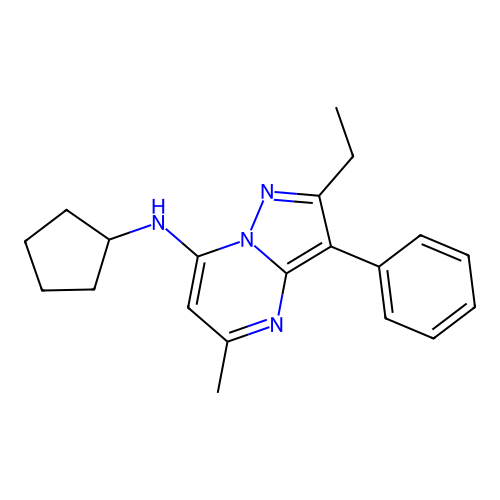 N-cyclopentyl-2-ethyl-5-methyl-3-phenylpyrazolo[1,5-a]pyrimidin-7-amine structure