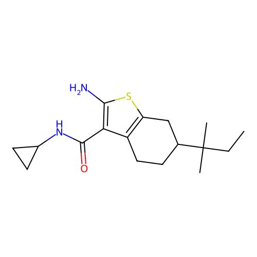 2-amino-N-cyclopropyl-6-(1,1-dimethylpropyl)-4,5,6,7-tetrahydro-1-benzothiophene-3-carboxamide structure
