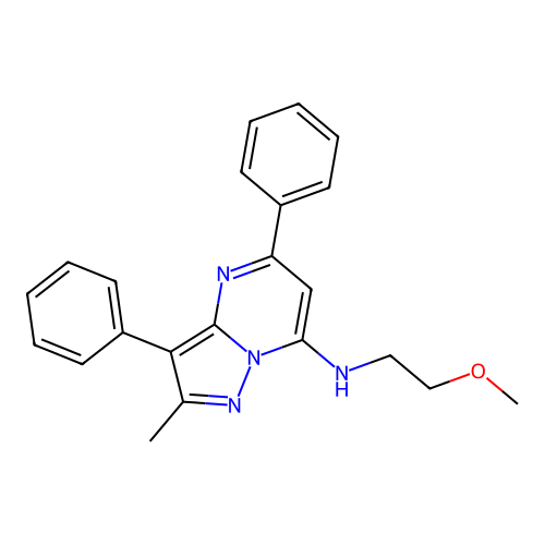 N-(2-methoxyethyl)-2-methyl-3,5-diphenylpyrazolo[1,5-a]pyrimidin-7-amine structure