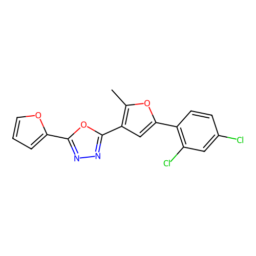 2-[5-(2,4-Dichlorophenyl)-2-methylfuran-3-yl]-5-(furan-2-yl)-1,3,4-oxadiazole structure