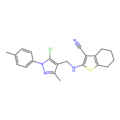 2-(((5-chloro-3-methyl-1-(p-tolyl)-1H-pyrazol-4-yl)methyl)amino)-4,5,6,7-tetrahydrobenzo[b]thiophene-3-carbonitrile structure