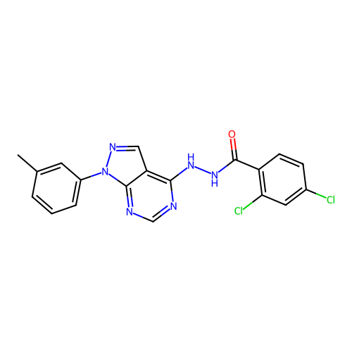 2,4-dichloro-N'-(1-(m-tolyl)-1H-pyrazolo[3,4-d]pyrimidin-4-yl)benzohydrazide structure