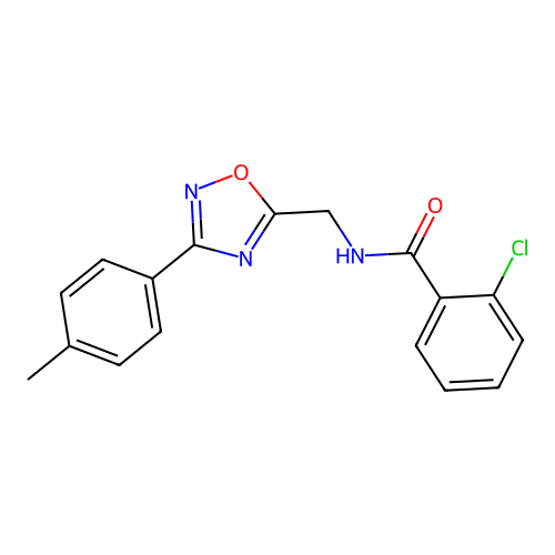 2-chloro-N-[[3-(4-methylphenyl)-1,2,4-oxadiazol-5-yl]methyl]benzamide structure