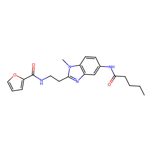 N-{2-[1-methyl-5-(pentanoylamino)-1H-benzimidazol-2-yl]ethyl}furan-2-carboxamide structure