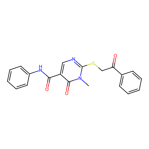 1-methyl-6-oxo-2-phenacylsulfanyl-N-phenylpyrimidine-5-carboxamide structure