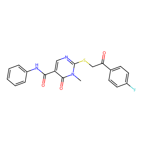2-[2-(4-fluorophenyl)-2-oxoethyl]sulfanyl-1-methyl-6-oxo-N-phenylpyrimidine-5-carboxamide structure