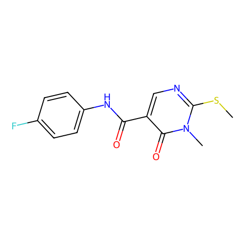 N-(4-fluorophenyl)-1-methyl-2-methylsulfanyl-6-oxopyrimidine-5-carboxamide structure