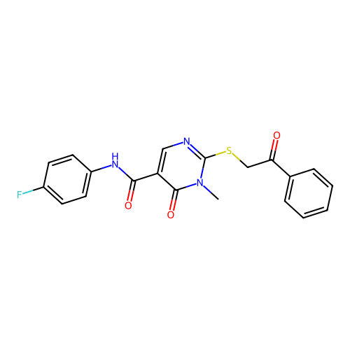 N-(4-fluorophenyl)-1-methyl-6-oxo-2-phenacylsulfanylpyrimidine-5-carboxamide structure
