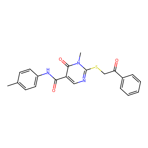 1-methyl-N-(4-methylphenyl)-6-oxo-2-phenacylsulfanylpyrimidine-5-carboxamide structure