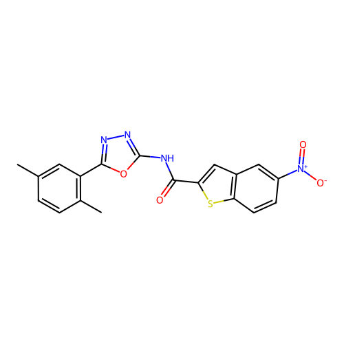 N-[5-(2,5-dimethylphenyl)-1,3,4-oxadiazol-2-yl]-5-nitro-1-benzothiophene-2-carboxamide structure