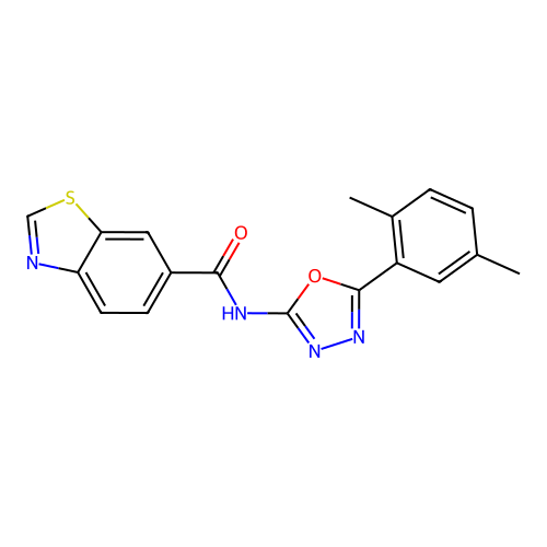 N-[5-(2,5-dimethylphenyl)-1,3,4-oxadiazol-2-yl]-1,3-benzothiazole-6-carboxamide structure