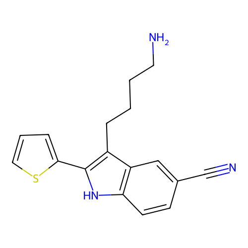 3-(4-aminobutyl)-2-thiophen-2-yl-1H-indole-5-carbonitrile structure