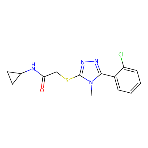 2-[[5-(2-chlorophenyl)-4-methyl-1,2,4-triazol-3-yl]sulfanyl]-N-cyclopropylacetamide structure