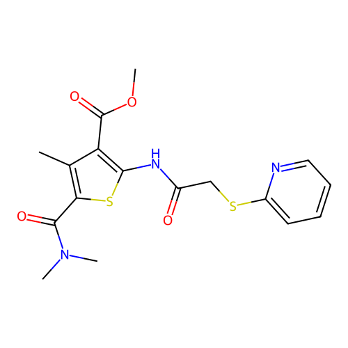 methyl 5-(dimethylcarbamoyl)-4-methyl-2-(2-(pyridin-2-ylthio)acetamido)thiophene-3-carboxylate structure