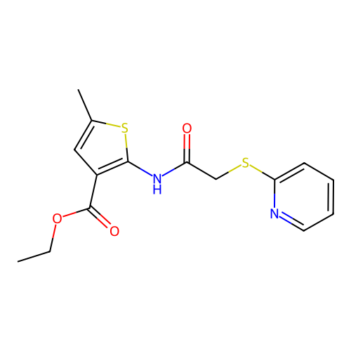 Ethyl 5-methyl-2-(2-(2-pyridylthio)acetylamino)thiophene-3-carboxylate structure