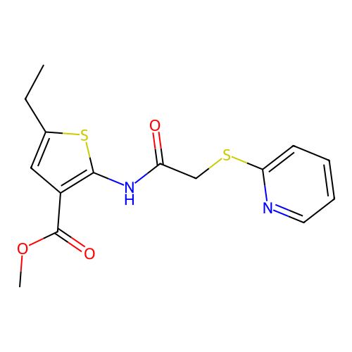 Methyl 5-ethyl-2-(2-(2-pyridylthio)acetylamino)thiophene-3-carboxylate structure