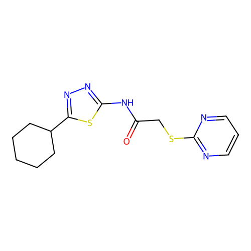N-(5-cyclohexyl-1,3,4-thiadiazol-2-yl)-2-pyrimidin-2-ylsulfanylacetamide structure