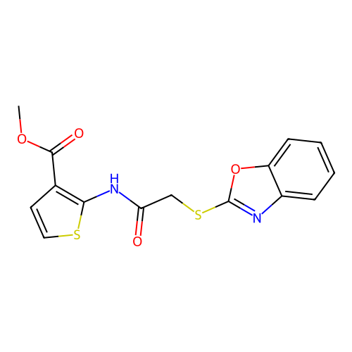 Methyl 2-{[(1,3-benzoxazol-2-ylsulfanyl)acetyl]amino}thiophene-3-carboxylate structure