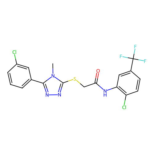 2-[[5-(3-chlorophenyl)-4-methyl-1,2,4-triazol-3-yl]sulfanyl]-N-[2-chloro-5-(trifluoromethyl)phenyl]acetamide structure