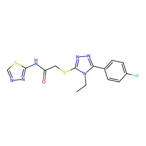 2-[[4-ethyl-5-(4-fluorophenyl)-1,2,4-triazol-3-yl]sulfanyl]-N-(1,3,4-thiadiazol-2-yl)acetamide structure