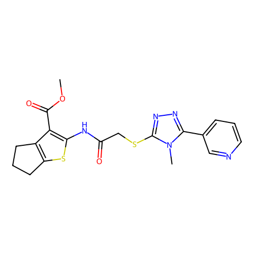 methyl 2-(2-((4-methyl-5-(pyridin-3-yl)-4H-1,2,4-triazol-3-yl)thio)acetamido)-5,6-dihydro-4H-cyclopenta[b]thiophene-3-carboxylate structure