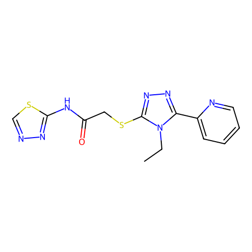 2-[(4-ethyl-5-pyridin-2-yl-1,2,4-triazol-3-yl)sulfanyl]-N-(1,3,4-thiadiazol-2-yl)acetamide structure