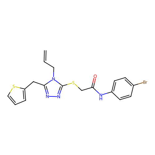 N-(4-bromophenyl)-2-[[4-prop-2-enyl-5-(thiophen-2-ylmethyl)-1,2,4-triazol-3-yl]sulfanyl]acetamide structure