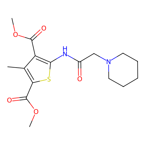 Dimethyl 3-methyl-5-[(piperidin-1-ylacetyl)amino]thiophene-2,4-dicarboxylate structure