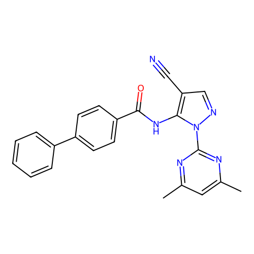 N-[4-cyano-2-(4,6-dimethylpyrimidin-2-yl)pyrazol-3-yl]-4-phenylbenzamide structure