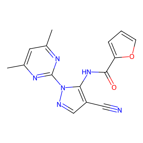 N-[4-cyano-2-(4,6-dimethylpyrimidin-2-yl)pyrazol-3-yl]furan-2-carboxamide structure
