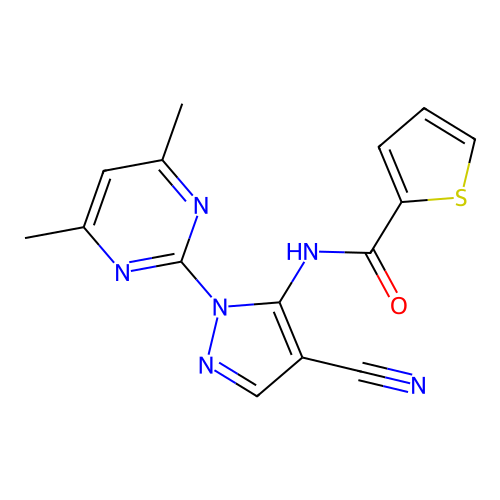 N-[4-cyano-2-(4,6-dimethylpyrimidin-2-yl)pyrazol-3-yl]thiophene-2-carboxamide structure