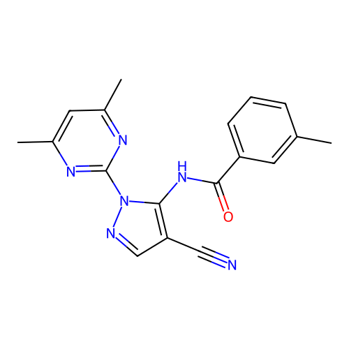 N-[4-cyano-2-(4,6-dimethylpyrimidin-2-yl)pyrazol-3-yl]-3-methylbenzamide structure