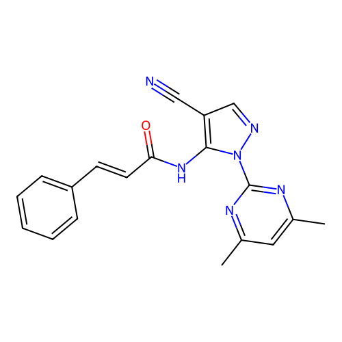(2E)-N-[4-cyano-1-(4,6-dimethylpyrimidin-2-yl)-1H-pyrazol-5-yl]-3-phenylprop-2-enamide structure