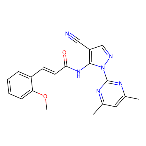(2E)-N-[4-cyano-1-(4,6-dimethylpyrimidin-2-yl)-1H-pyrazol-5-yl]-3-(2-methoxyphenyl)prop-2-enamide structure