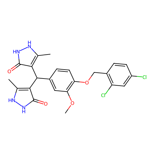 4,4'-({4-[(2,4-dichlorobenzyl)oxy]-3-methoxyphenyl}methanediyl)bis(3-methyl-1H-pyrazol-5-ol) structure